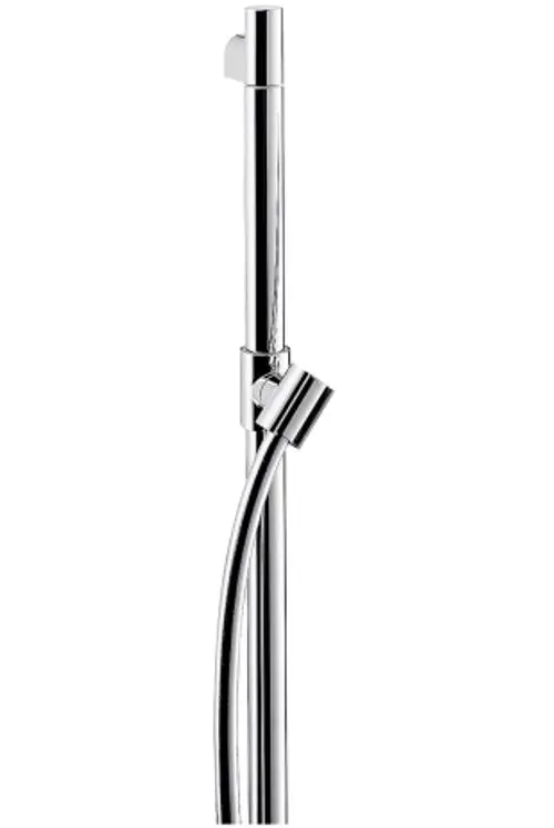 Edelstahl-Brausestange von AXOR mit Schlauch, vertikal montiert. Der Brauseschlauch ist in einer geschwungenen Form angebracht. Oberfläche in glänzendem Chrom.